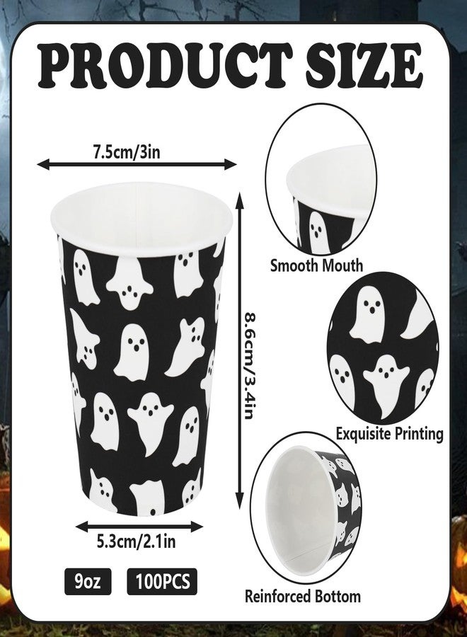 JarThenaAMCS 100 Pcs Halloween Ghost Paper Cups Black White Ghost Boo Disposable Cups for Hot Cold Drinks Halloween Birthday Holiday Party Table Supplies, 9 Oz - Image 2